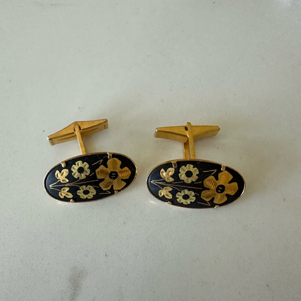 Floral Black and Gold Cufflinks